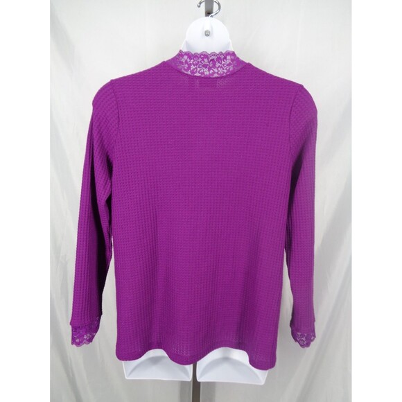 LOGO Lori Goldstein Purple Metallic Waffle Knit Mock Neck Top Lace Sz Large New - Picture 3 of 15